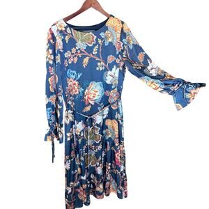 Julia Jordan Navy Floral Midi Dress Satin Finish Tie Waist plus Size 16 modest
